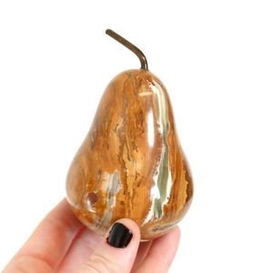 Carved Onyx Stone Pear Figurine with Metal Stem